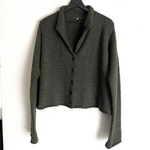 Peruvian Connection Wool Collared Knitted Cardigan Size XL Green